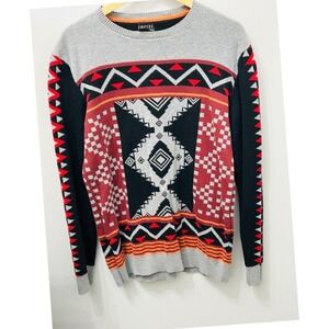 Empyre Men's Geometric Southwest Knit Crewneck Sweater Gray Red Black Size M